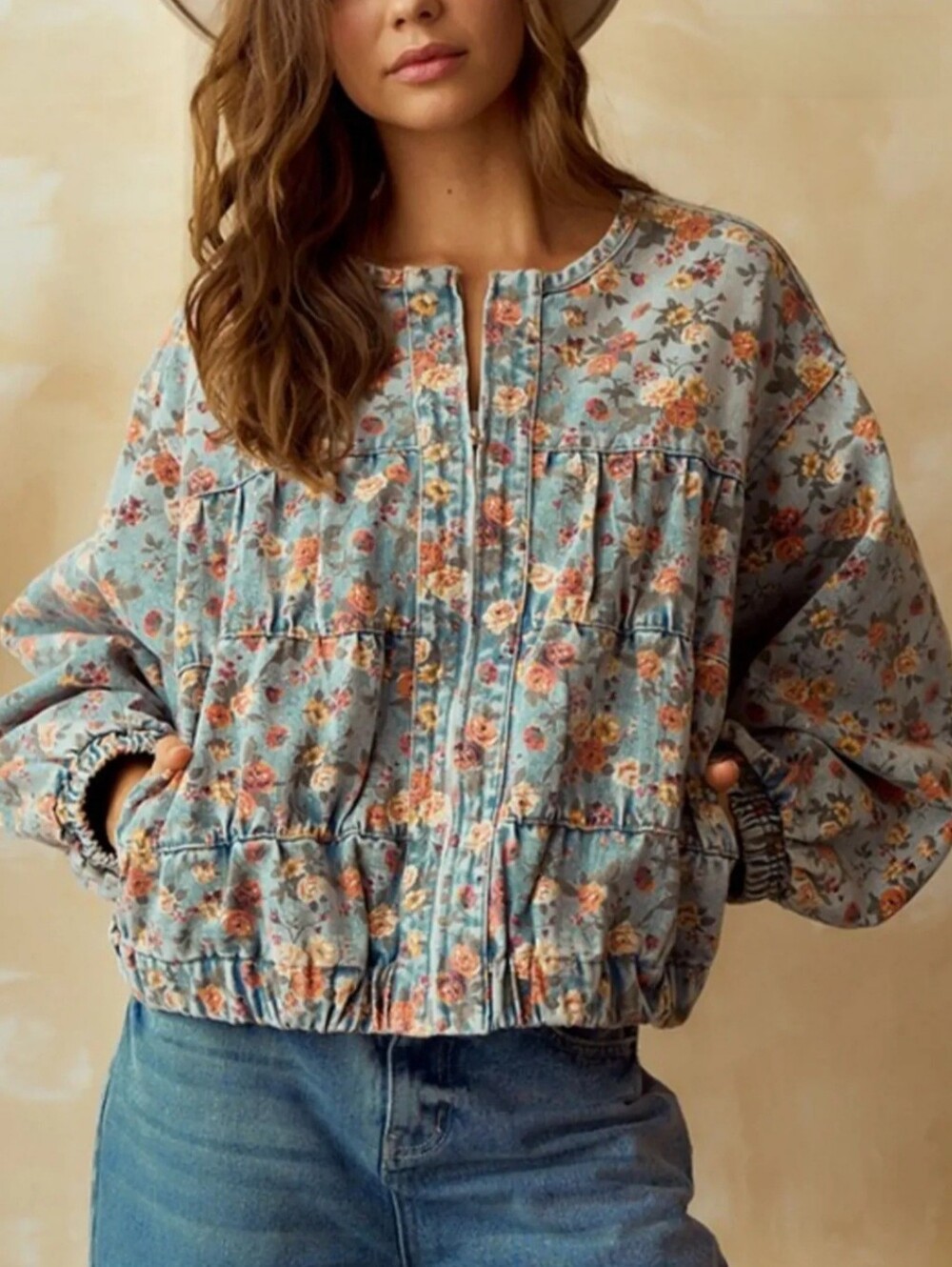 NWT Vintage Looking Cottage Core Floral Denim Zip Up Bomber Jacket
